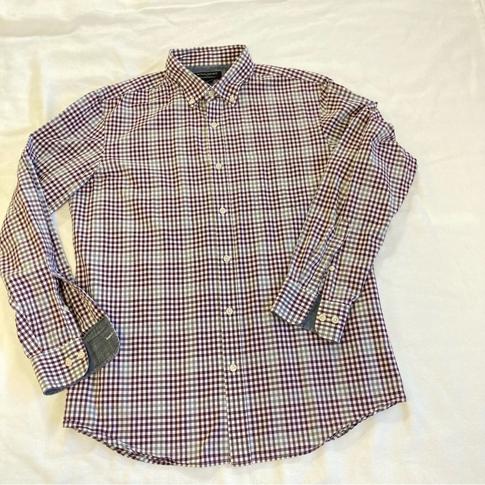 Banana Republic Soft wash Standard fit Checkered Shirt  Burgundy, Grey and White